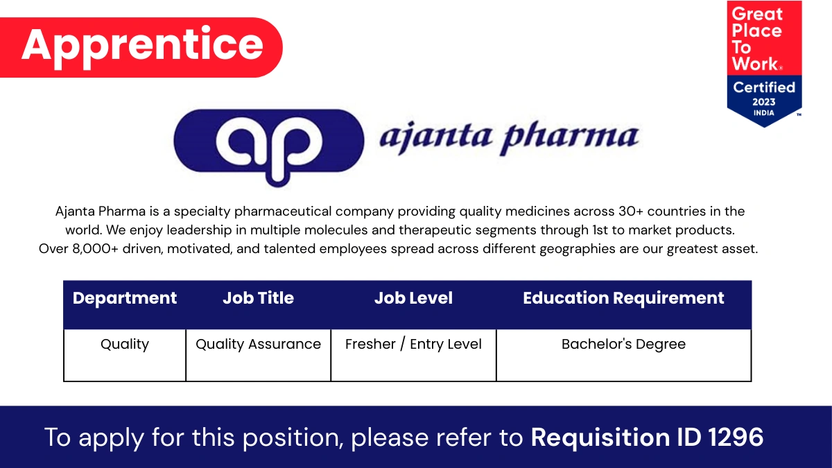 Ajanta Pharma Hiring Apprentice in Quality Assurance