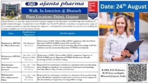 Ajanta Pharma Walk-In Interview for Maintenance Career Opportunities on 24th August (10th, 12th + ITI, B.E)