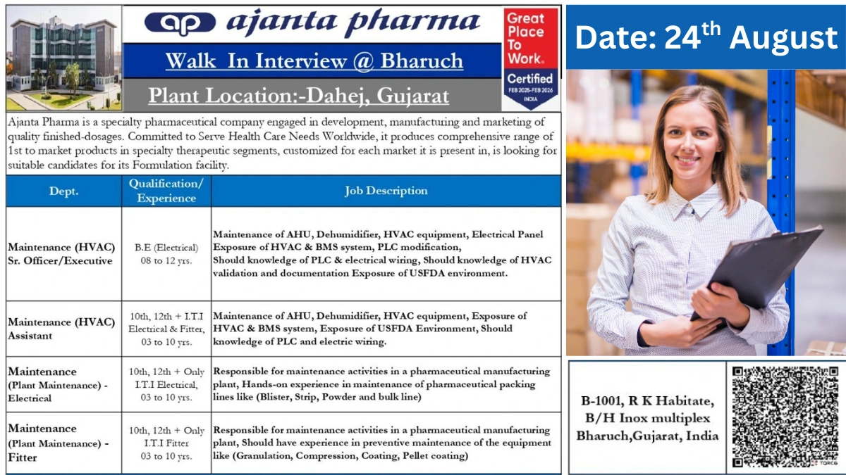 Ajanta Pharma Walk-In Interview for Maintenance Career Opportunities on 24th August (10th, 12th + ITI, B.E)