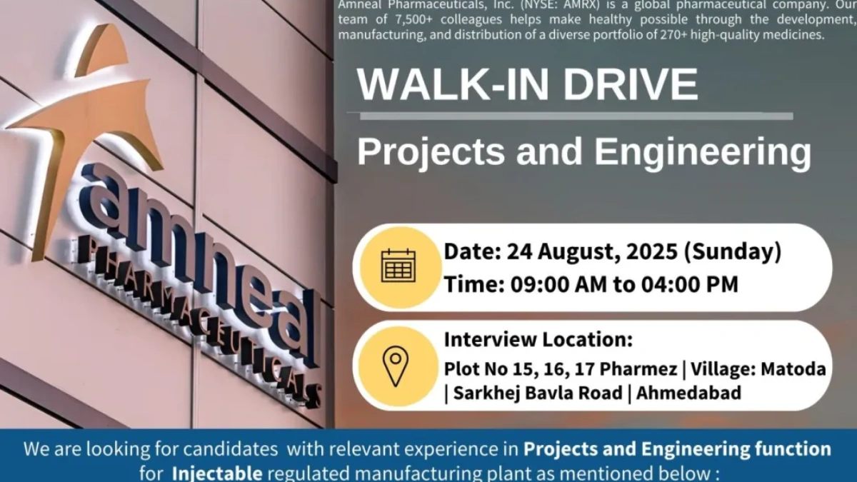 Amneal Pharma Walk-In Drive for Engineering Professionals on 24th August