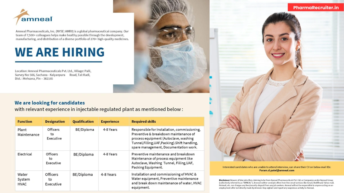 Amneal Pharmaceuticals Hiring – Plant Maintenance, Electrical & HVAC Jobs