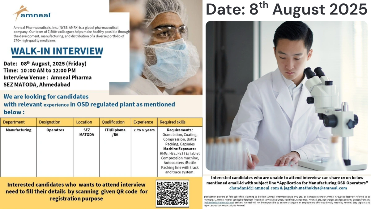 Amneal Pharmaceuticals Walk-In Interview for Manufacturing Operators on 8th August