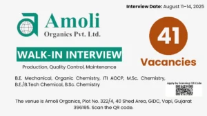 Amoli Organics Walk-In Interview for Production, Quality Control, and Maintenance Job Roles on 11th - 14th August