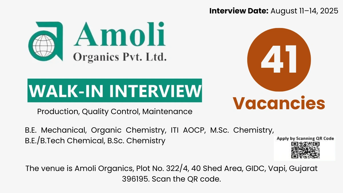 Amoli Organics Walk-In Interview for Production, Quality Control, and Maintenance Job Roles on 11th - 14th August