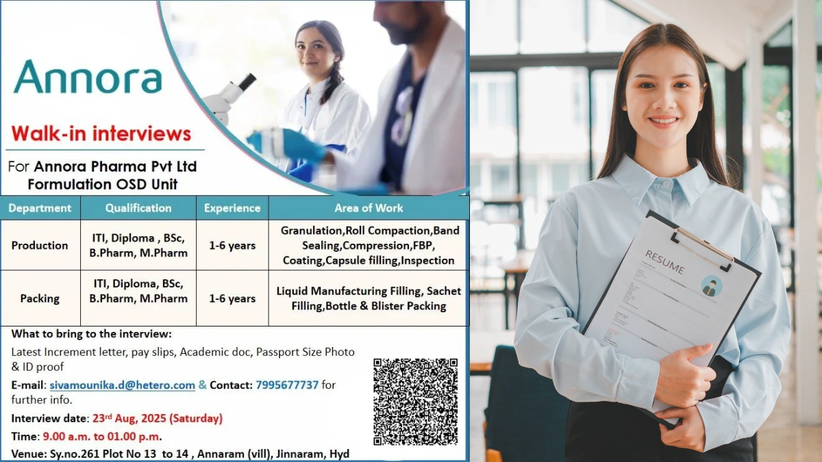 Annora Pharma Announces Walk-In Interviews for Production and Packing Departments on 23rd August