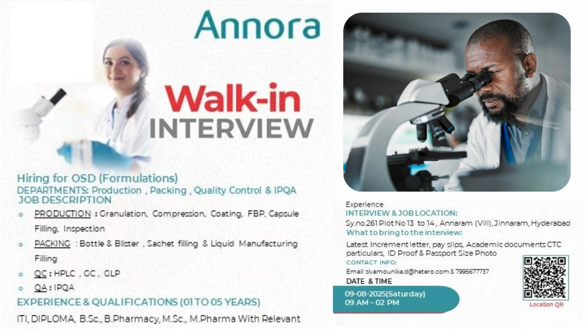 Annora Pharma Walk-In Interview for OSD Formulations on 9th August
