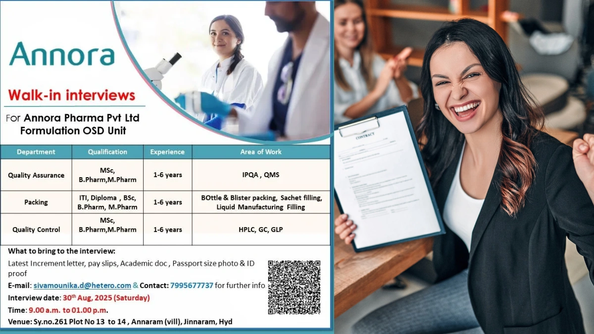 Annora Pharma Walk-in Interview for QA, QC, and Packing – Hyderabad, August 2025