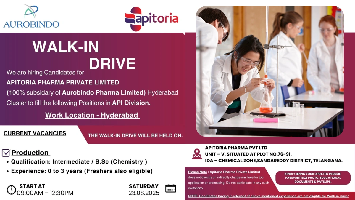 Apitoria Pharma (Aurobindo Subsidiary) Walk-In Drive for Production Roles on 23rd August