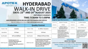 Apotex Walk-in Drive for Production, QA, QC and Engineering & Maintenance Roles on 24th August