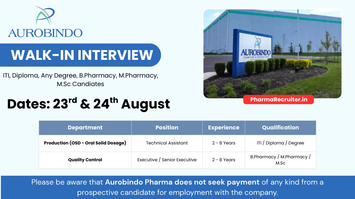 Aurobindo Pharma Walk-In Interview for ITI, Diploma, Any Degree, B.Pharmacy, M.Pharmacy, M.Sc Candidates on August 23-24, 2025
