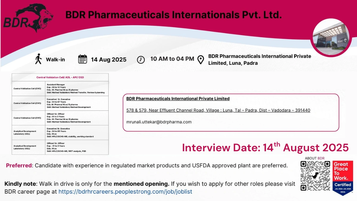 BDR Pharmaceuticals Announces Walk-In Drive for CVC and ADL Professionals in Vadodara on 14th August