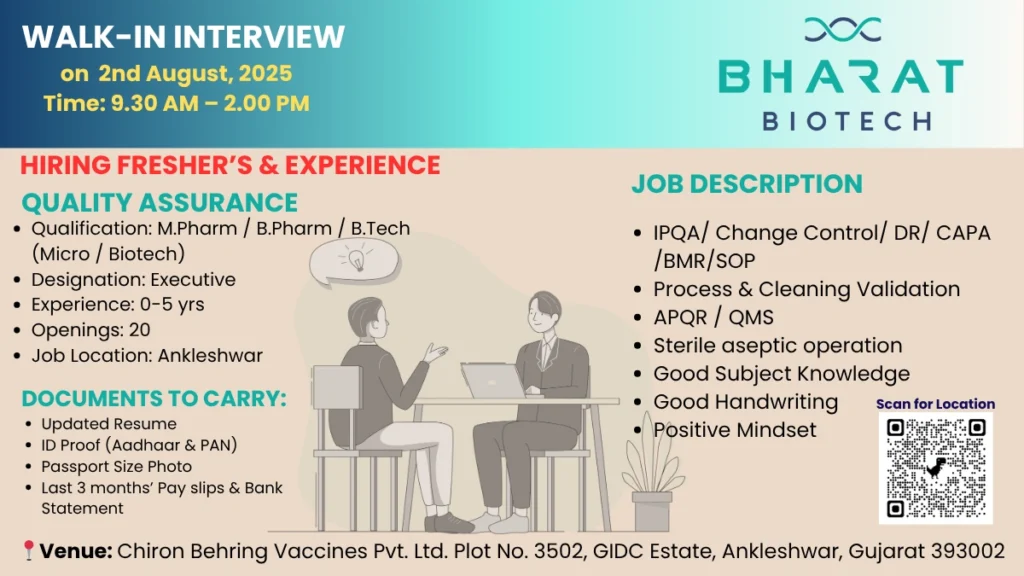 Bharat Biotech - Walk-In Drive for Quality Assurance Roles on 2nd August 2025
