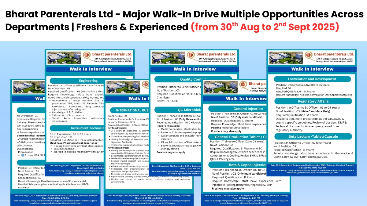Bharat Parenterals Ltd - Major Walk-In Drive Multiple Opportunities Across Departments