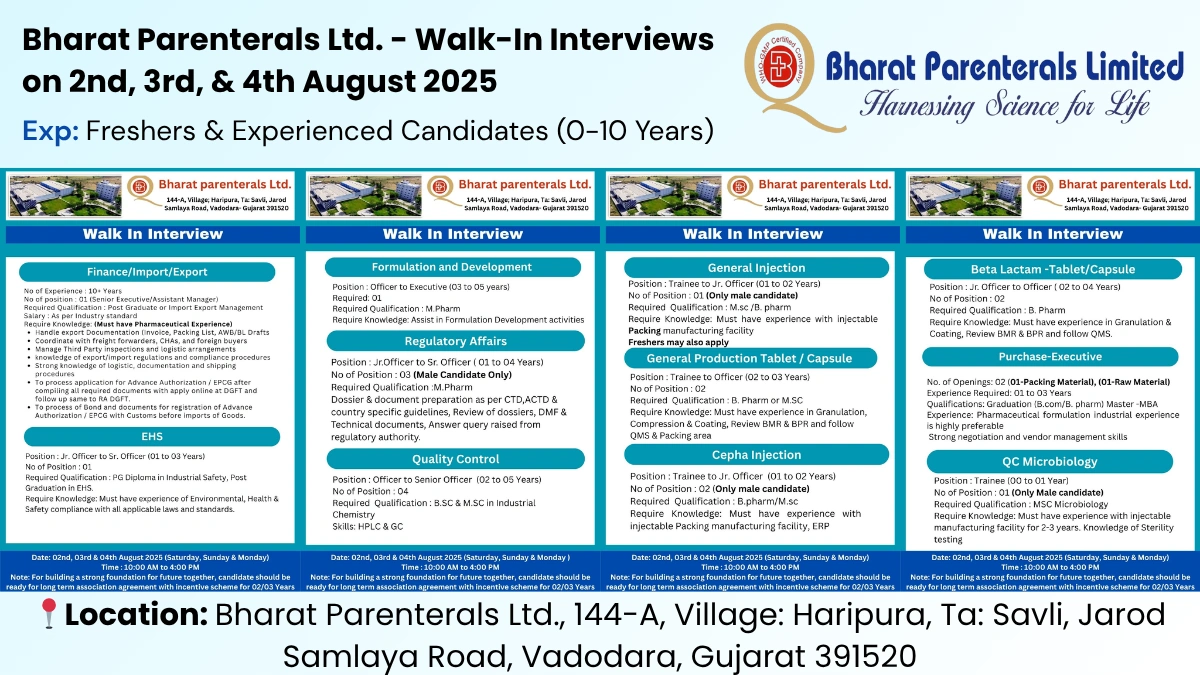 Bharat Parenterals Ltd. - Walk-In Interviews on 2nd, 3rd, & 4th August 2025