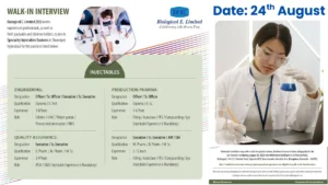Biological E. Limited Careers – Walk-In Interview on 24th August 2025