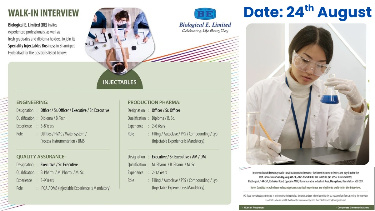 Biological E. Limited Careers – Walk-In Interview on 24th August 2025