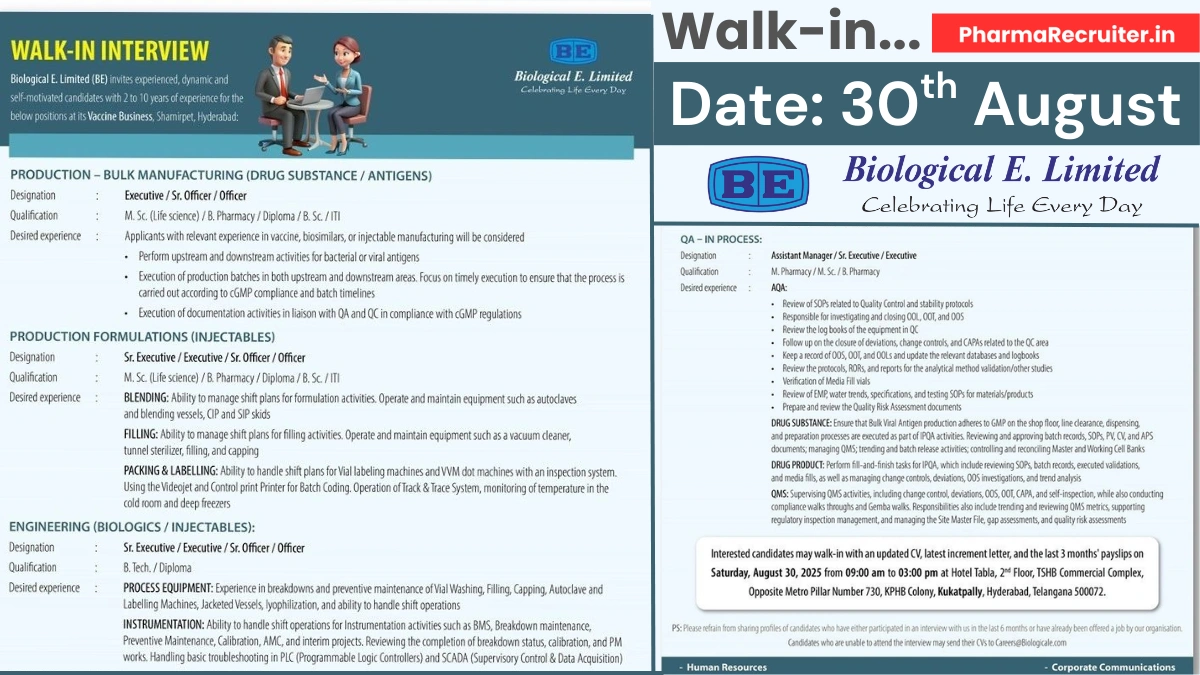 Biological E. Limited Walk-In Interview – Production, QC, QA & Engineering (30th August 2025)