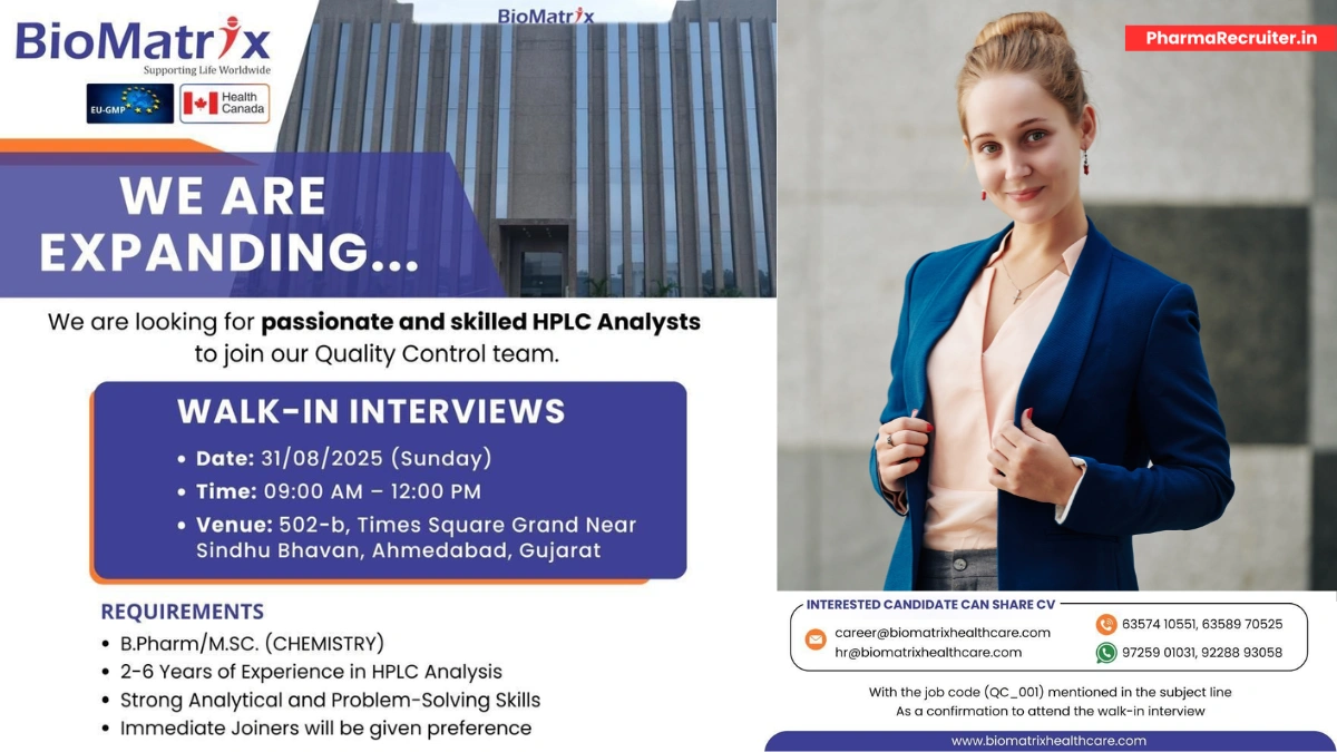 Biomatrix Healthcare Walk-In Interviews for HPLC Analysts in QC Team! (31st August)