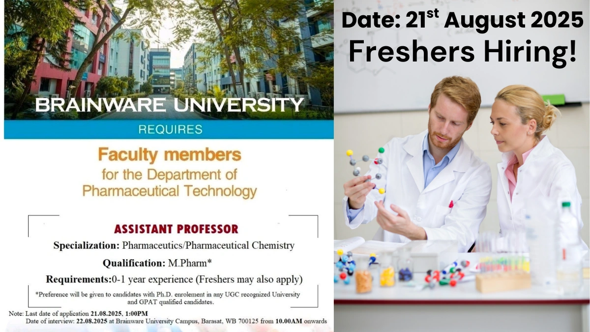 Brainware University Hiring Freshers for Assistant Professor in Pharmaceutical Technology