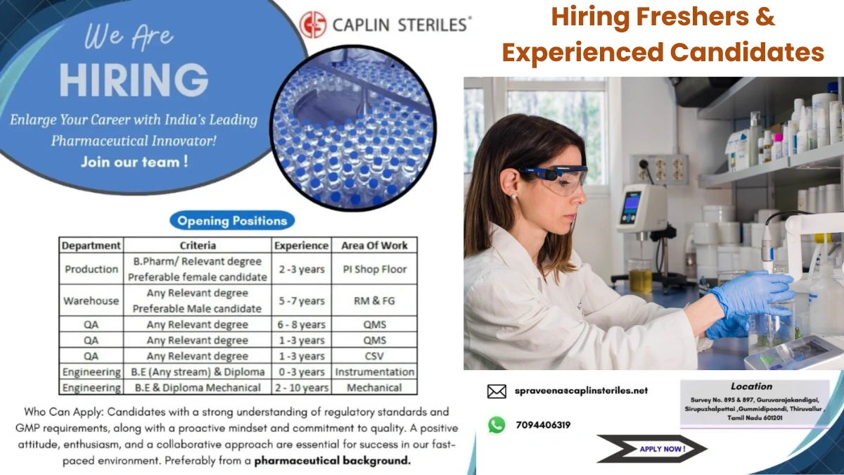 Caplin Steriles is Hiring Across Multiple Departments (0-10 Years Exp)