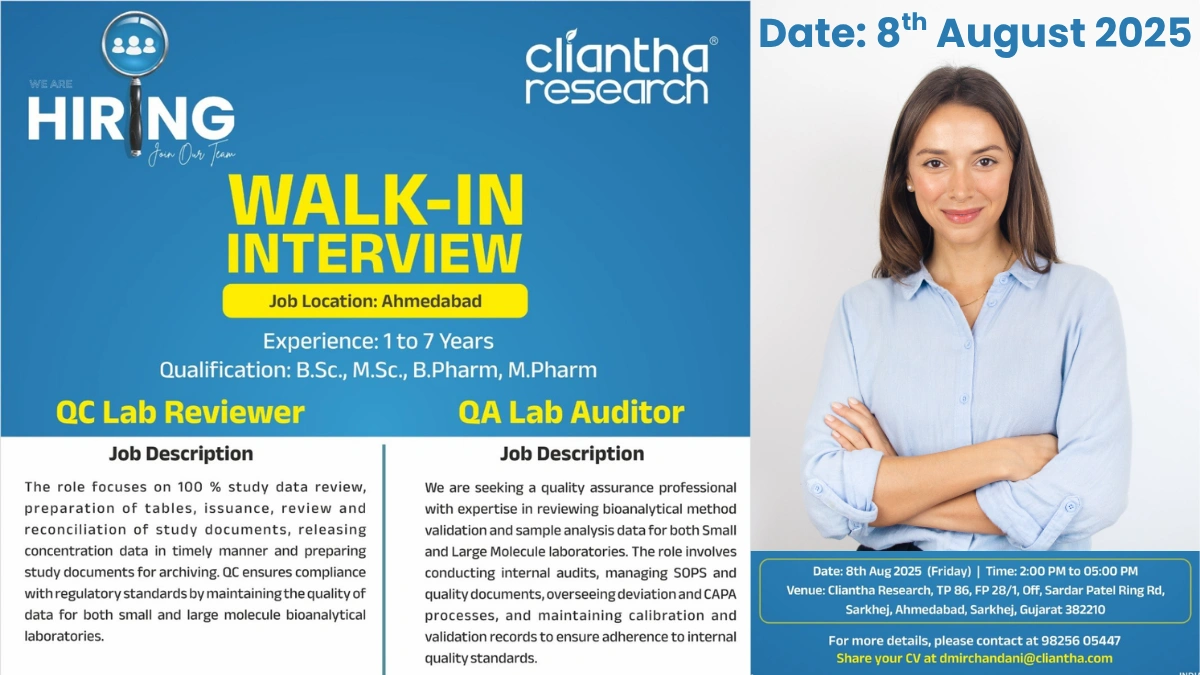 Cliantha Research - Walk in Drive for QA & QC - Lab Reviewer & Auditor on 8th August