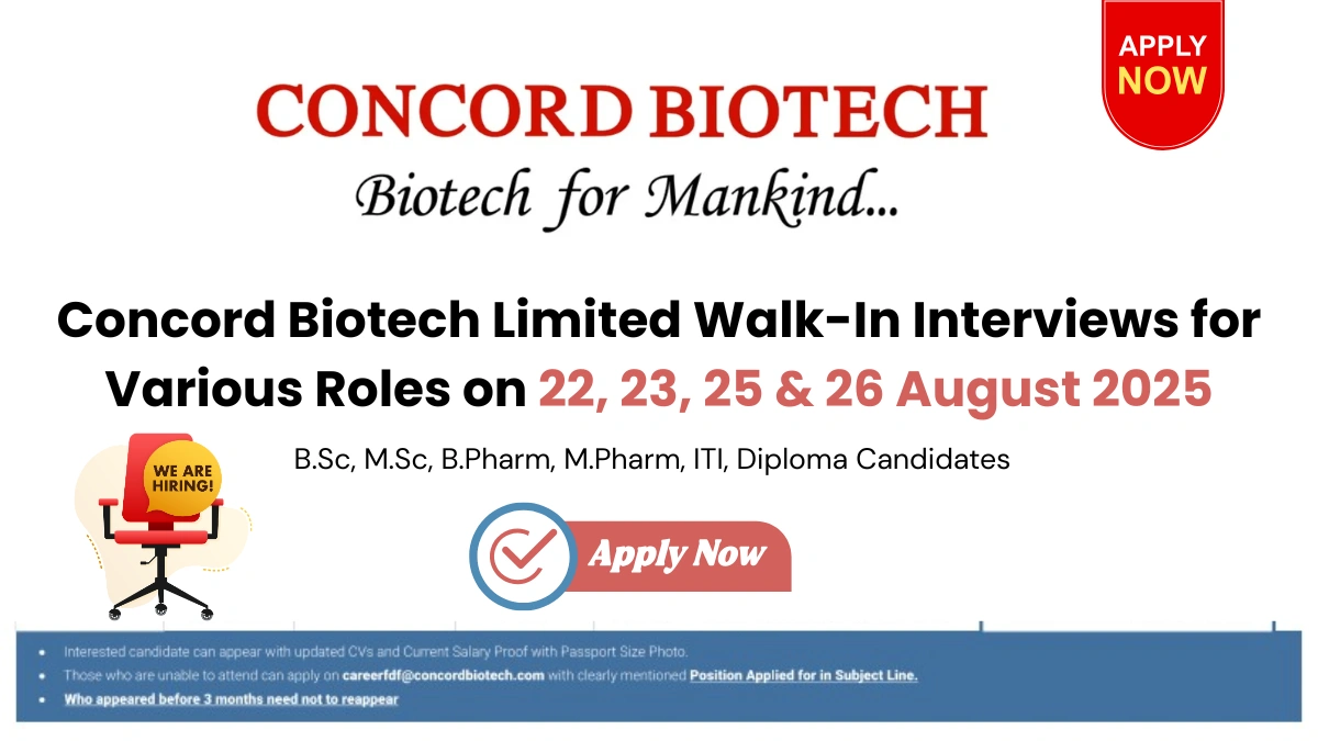 Concord Biotech Limited Walk-In Interviews on 22, 23, 25 & 26 August 2025