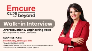 Emcure Pharmaceuticals Walk-In Interviews for M.Sc, Diploma, BE, B.Tech Candidates in API Production & Engineering on 23rd August