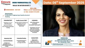 Emcure Pharmaceuticals Walk-in Interview for ITI, Diploma, B.Sc, M.Sc, B.Pharm, M.Pharm Candidates in Production, Engineering, Packing, Quality Control on 06th September 2025 (Saturday)