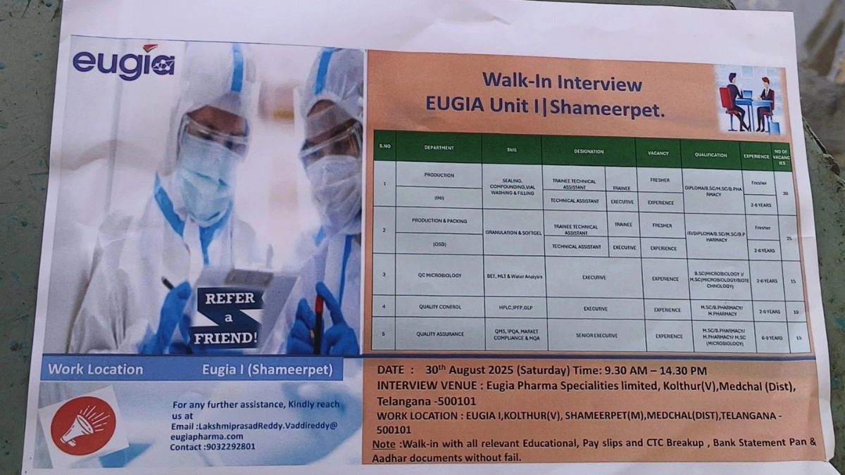 Eugia Pharma Walk-in Interview – Shameerpet, Telangana (August 2025)
