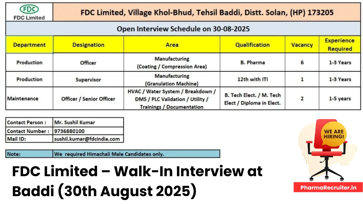 FDC Limited – Walk-In Interview at Baddi (30th August 2025)