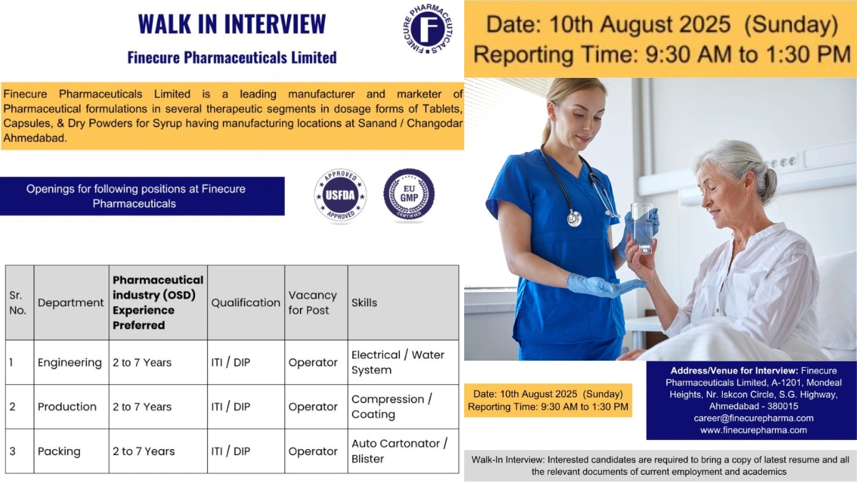 Finecure Pharmaceuticals Walk-in Interview on August 10, 2025