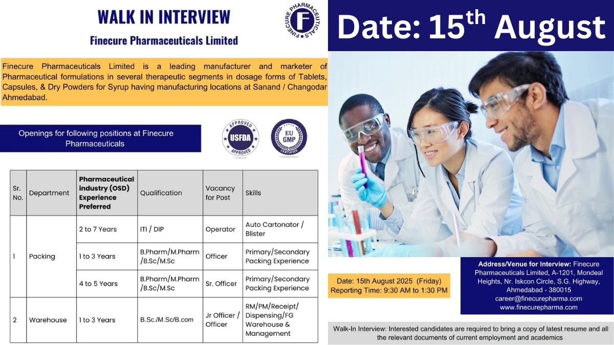 Finecure Pharmaceuticals Walk-in Interviews on 15th August