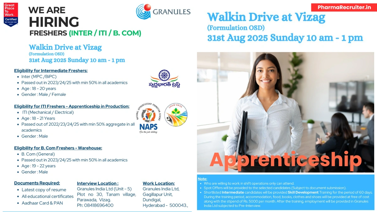 Fresher Openings @ Granules India Walk-in Drive for Apprenticeship in Production, Warehouse on 31st August