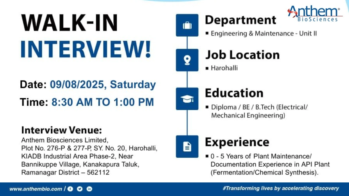 Fresher job @ Anthem Biosciences Walk-In Interview for Engineering & Maintenance Roles (Unit-II) on August 9, 2025