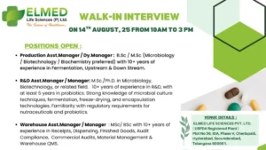 Freshers & Experienced Openings @ ELMED Life Sciences Walk-In Interview for Production, R&D, Warehouse, Purchase & Engineering Job Roles on 14th August