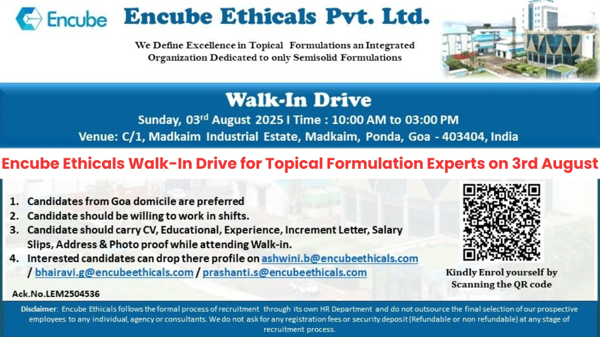 Freshers Job @ Encube Ethicals Walk-In Drive for Topical Formulation Experts on 3rd August