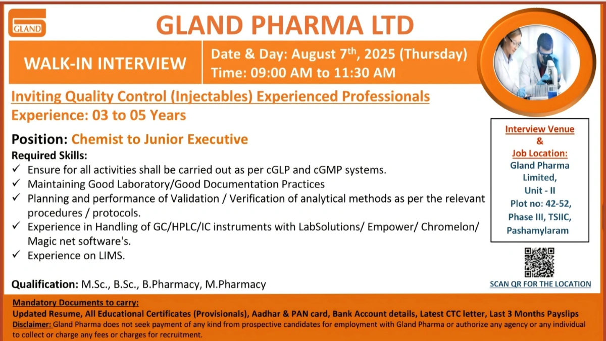 Gland Pharma Ltd Walk-In Interviews for Quality Control (Injectables) Professionals on 7th August