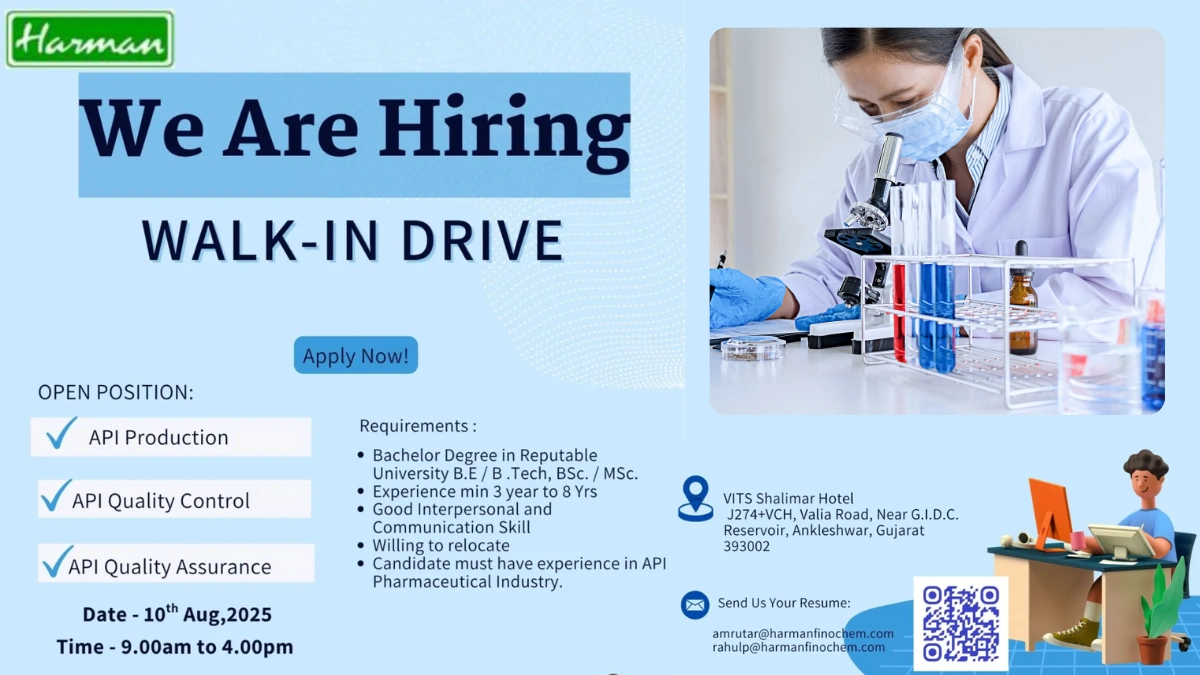 Harman Finochem Walk-In Interview for API Production, Quality Control, and Quality Assurance Roles on 10th August
