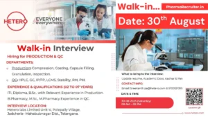 Hetero Labs Walk-In Interview – Production & QC Departments (30th August 2025)