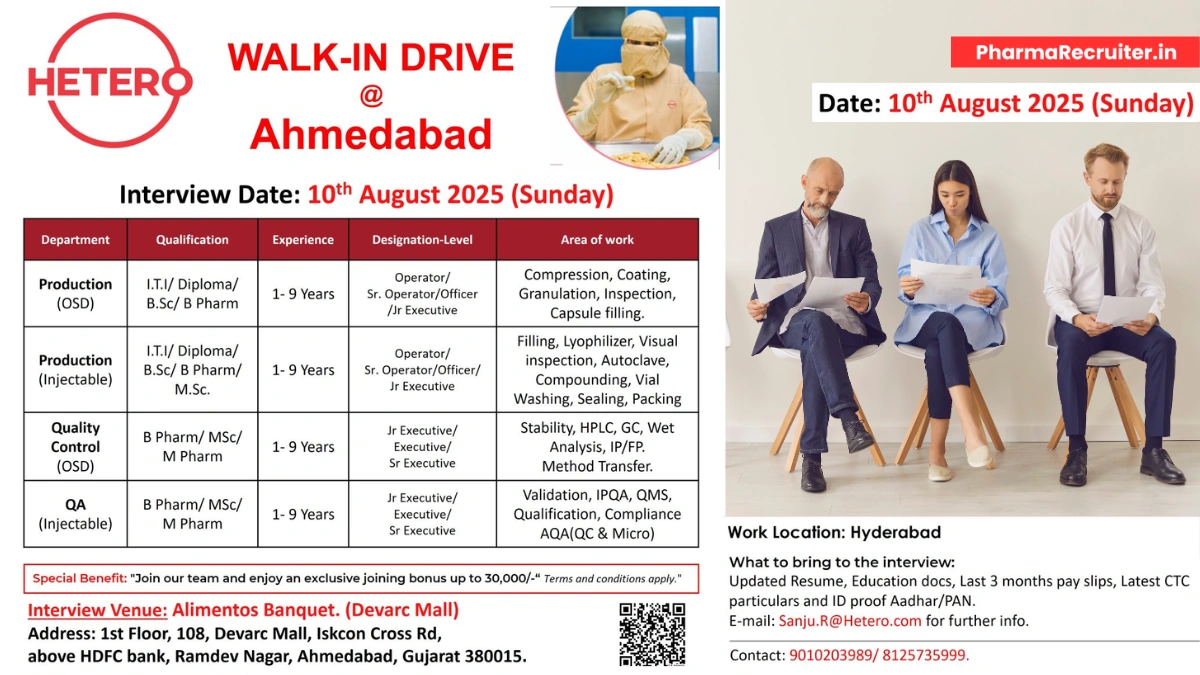 Hetero Walk-In Drive in Ahmedabad for Exciting Pharma Job Roles on 10th August