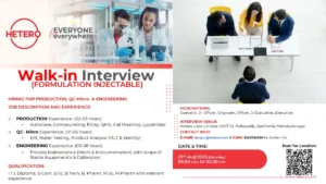 Hetero Walk-in Interviews - Job Openings I.T.I, Diploma, B.Com, B.Sc, B.Tech, B.Pharm, M.Sc, or M.Pharm Candidates on 23rd August