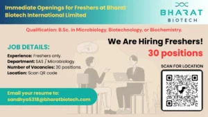 Immediate Openings for Freshers at Bharat Biotech International Limited