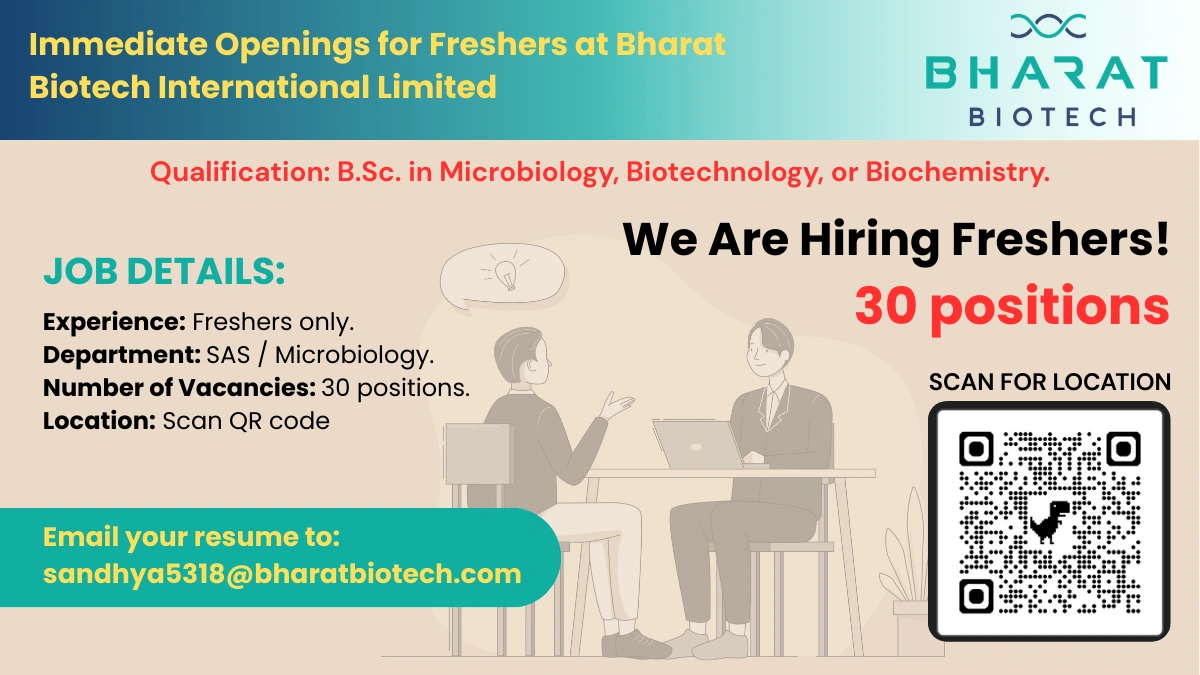 Immediate Openings for Freshers at Bharat Biotech International Limited