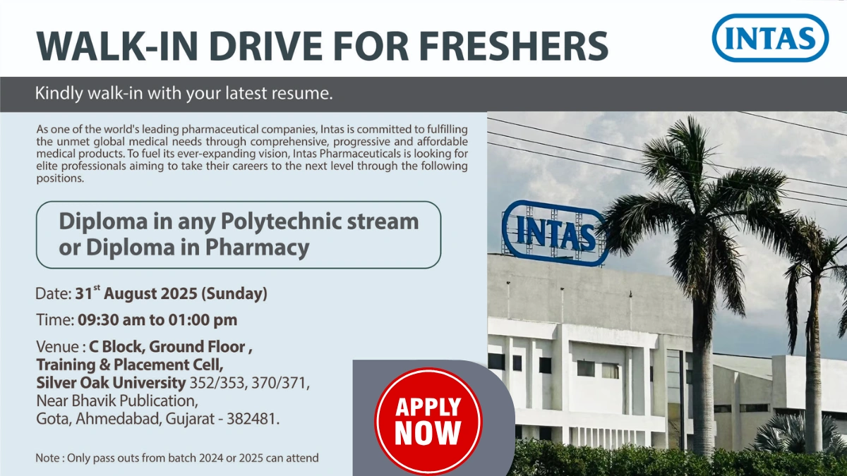 Intas Pharma Hiring Freshers