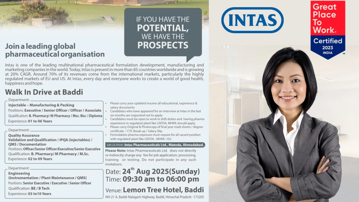 Intas Pharmaceuticals Walk-In Interviews for Injectable Manufacturing, Quality Assurance, and Engineering Job Roles