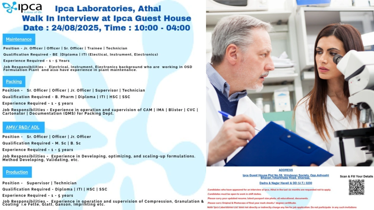 Ipca Laboratories Walk-in Interview for Various Roles on 24th August