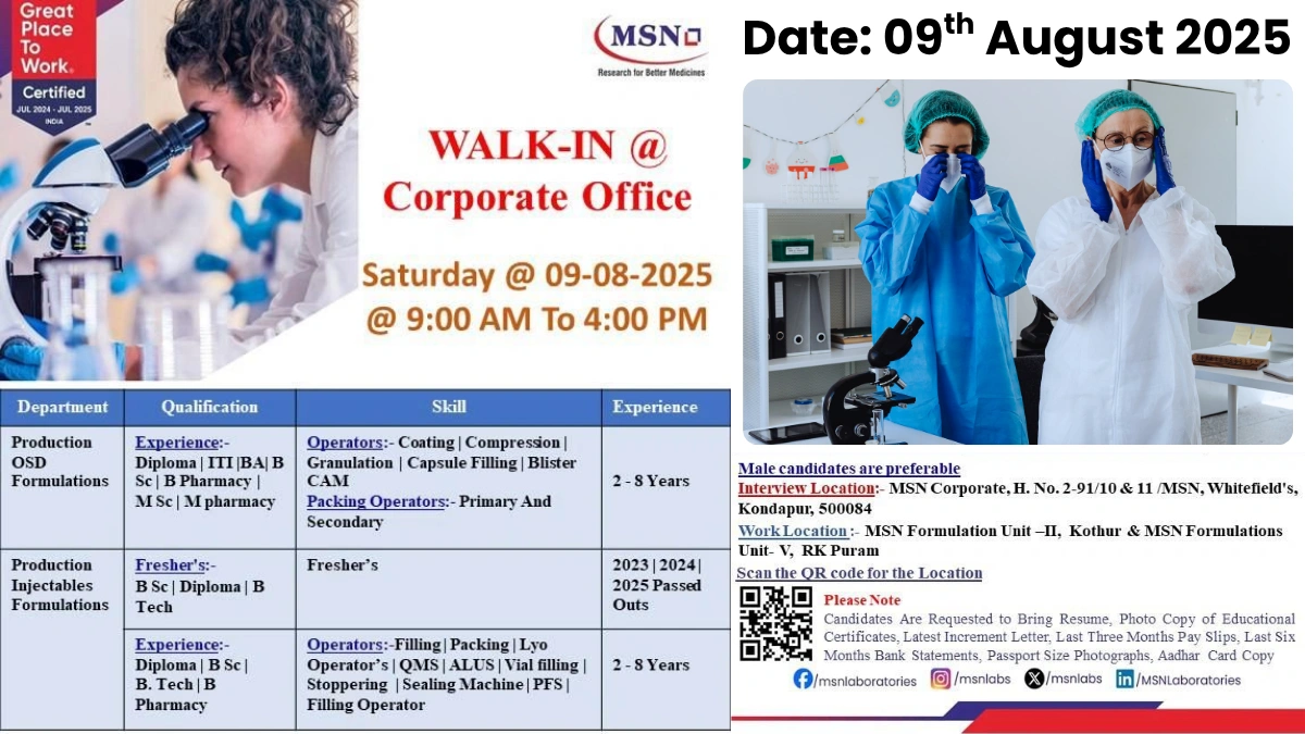 MSN Laboratories Walk-In Interview 2025 for Diploma, ITI, BA, B.Sc, B.Pharmacy, M.Sc, M.Pharmacy on 9th August