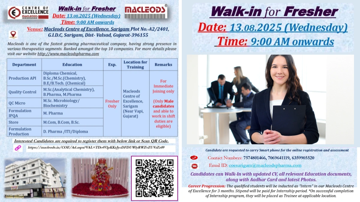 Macleods Pharmaceuticals Internship - Walk-in Interview for Freshers on August 13, 2025