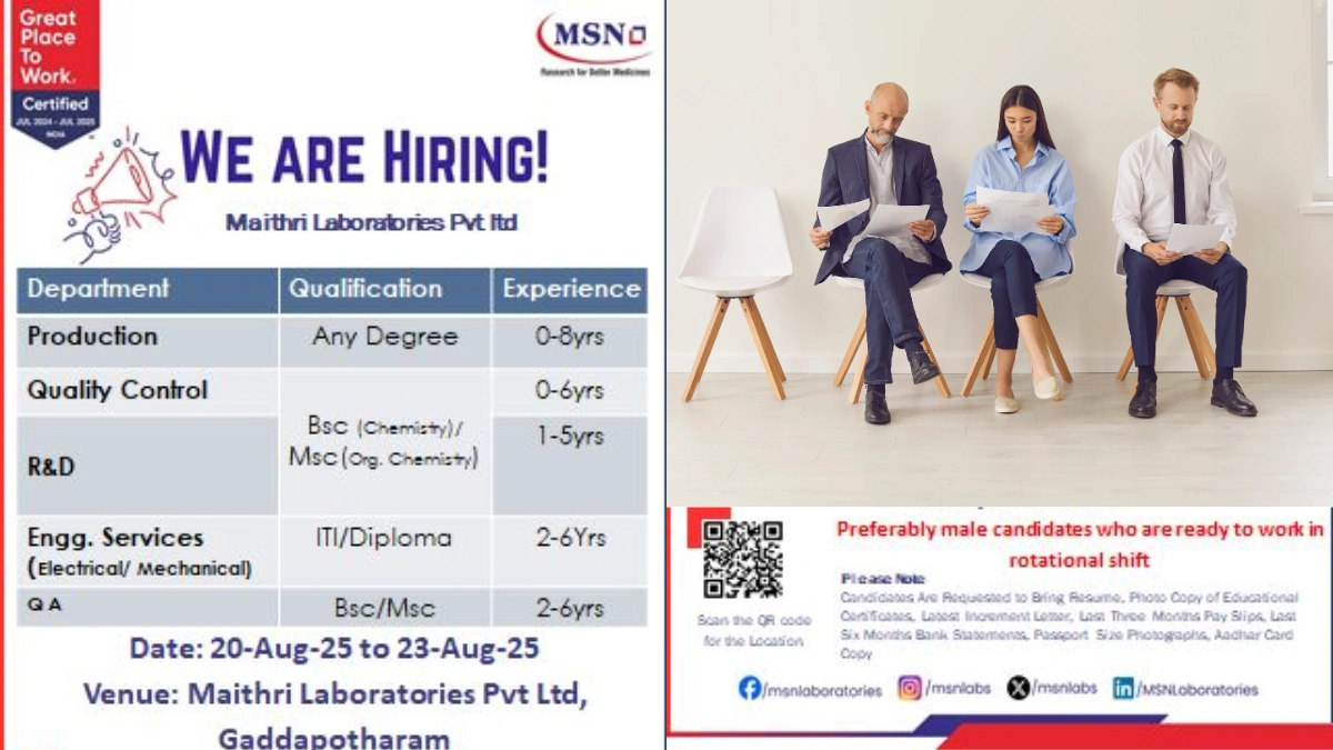 Maithri Laboratories Walk-in Drive for Freshers & Experienced Candidates from 20th to 23rd August 2025