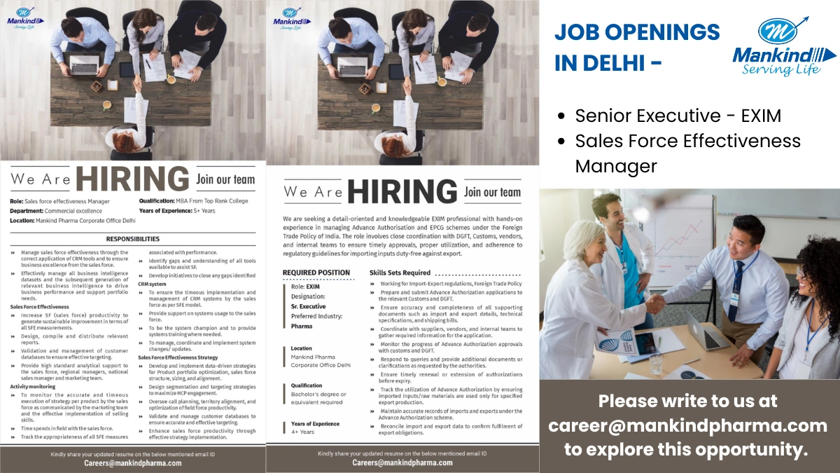 Mankind Pharma Hiring for Senior Executive - EXIM and Sales Force Effectiveness Manager in Delhi